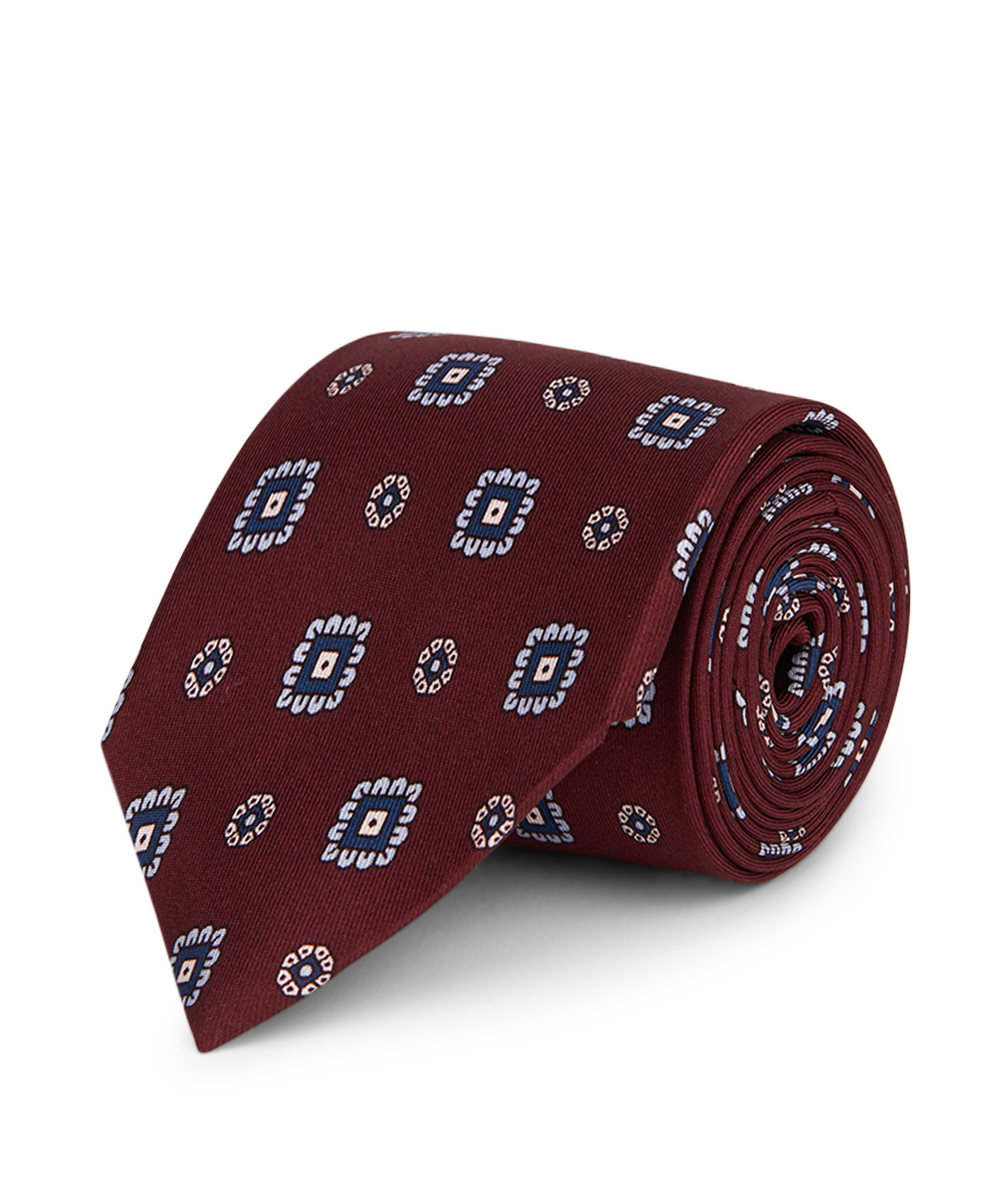 Silk tie with light blue and burgundy medallion pattern Silk tie with light blue and burgundy medallion pattern